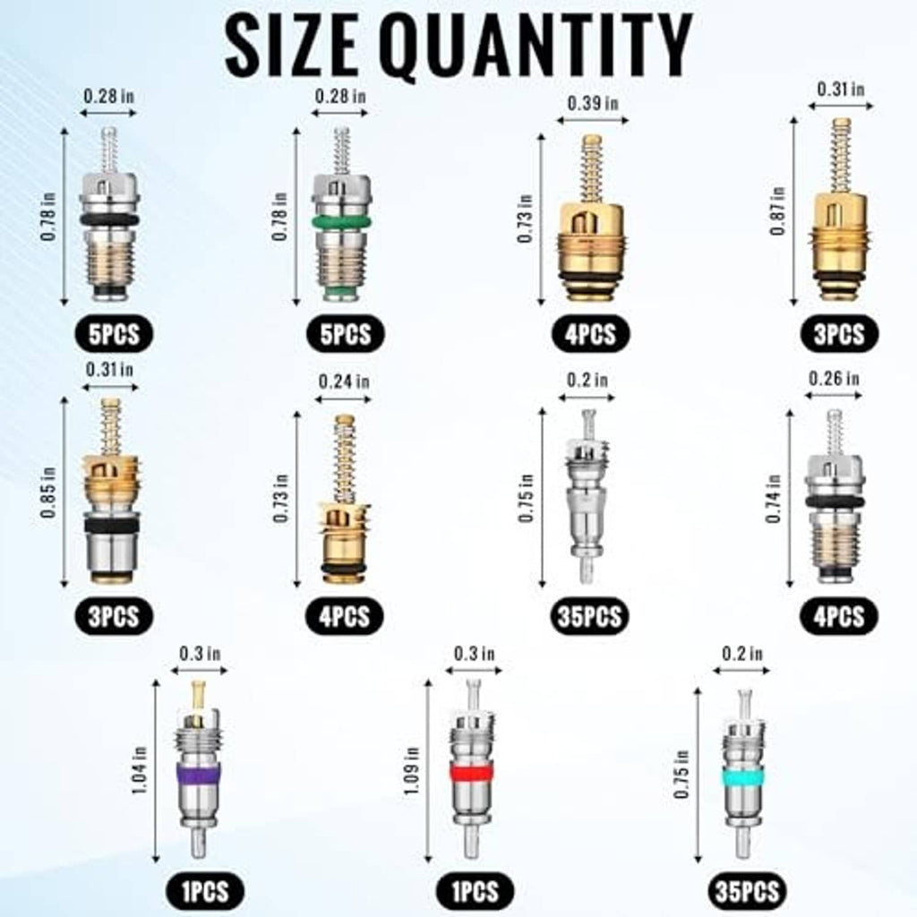 Car A/C valve core kit chart showing different sizes and quantities of valve cores