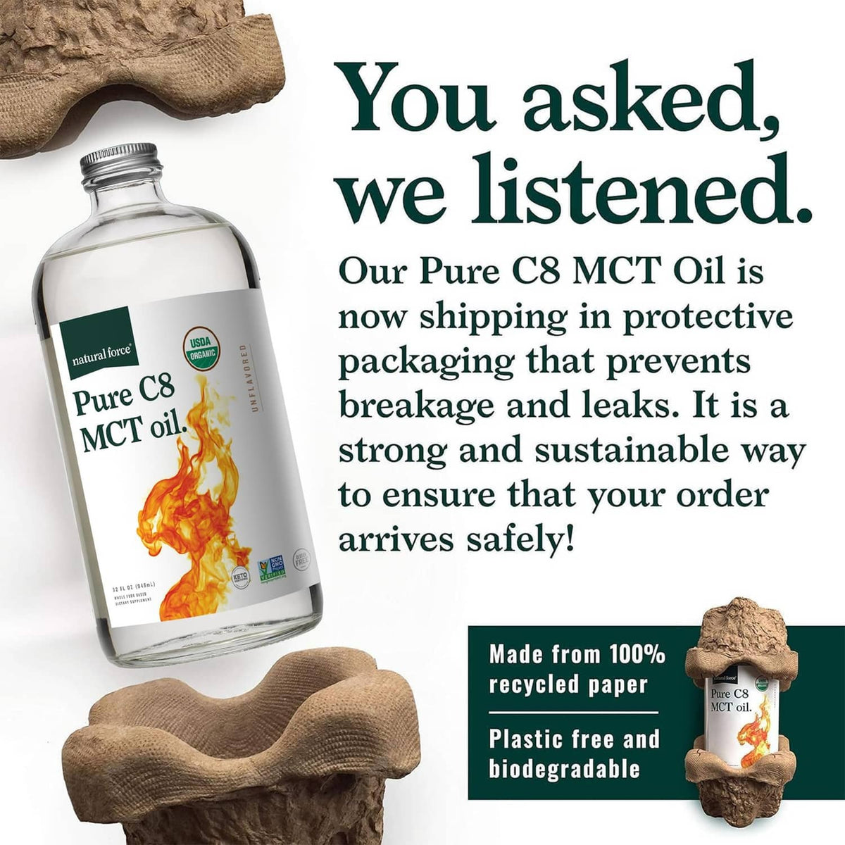 Glass bottle of Pure C8 MCT oil with orange flame graphic on the front label