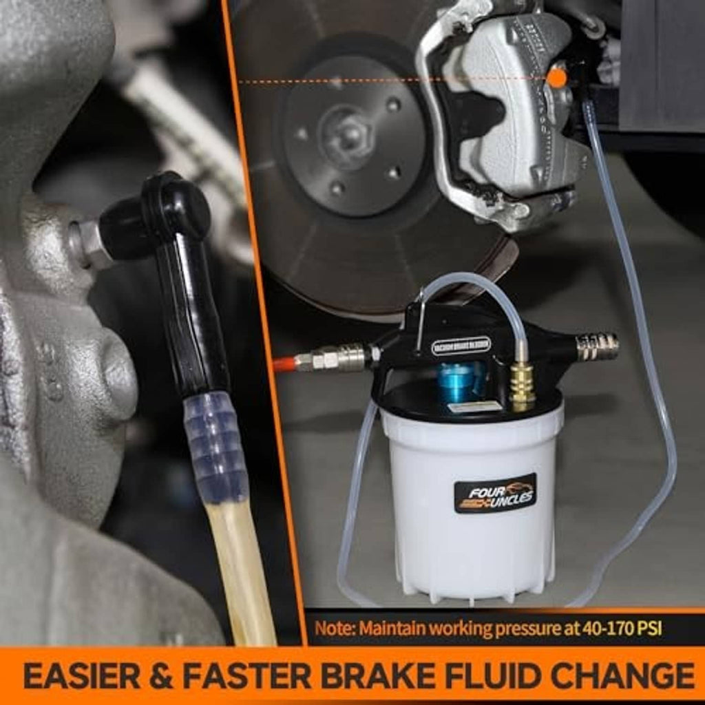 Vacuum brake fluid extractor connected to brake line, white reservoir with blue pump