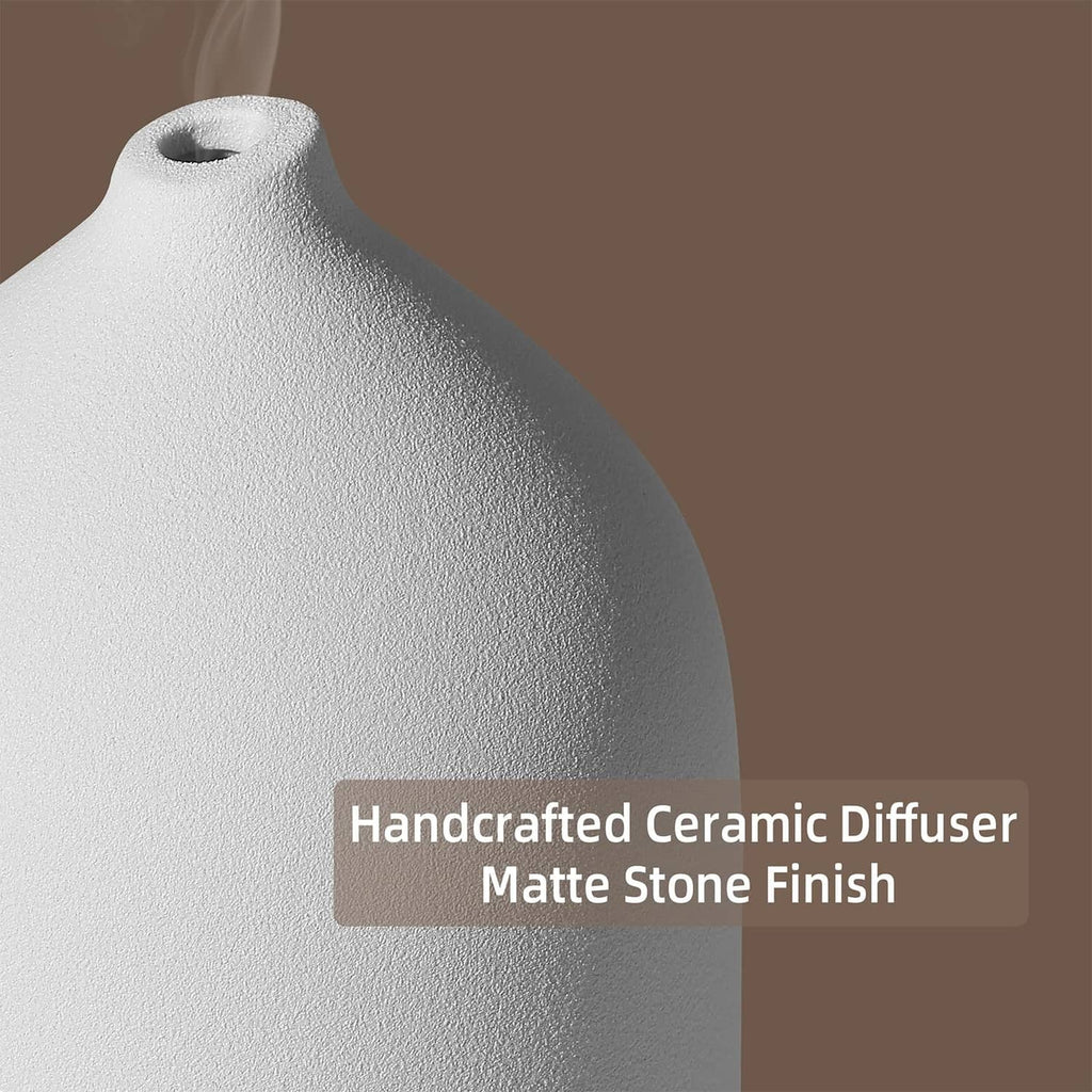 Matte white ceramic diffuser with stone finish, round top opening and wood base