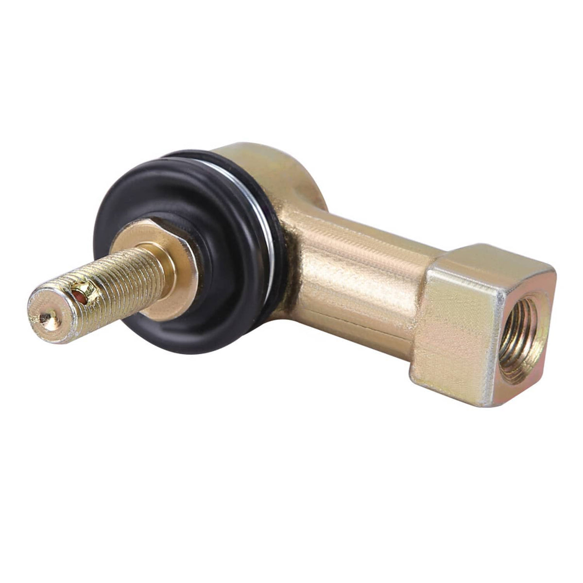 Tie rod end joint with black rubber boot, gold housing, and threaded stud end