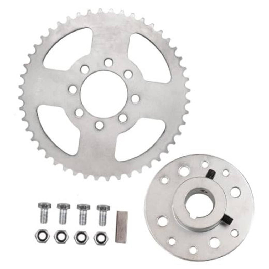 Steel rear sprocket kit with 8-hole hub plate, sprocket, bolts, washers, and keyway insert