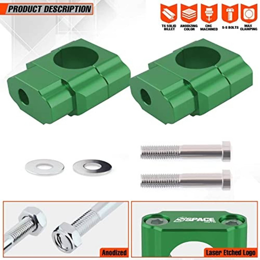 Green handlebar riser clamps, two-piece set with circular bore and silver bolts