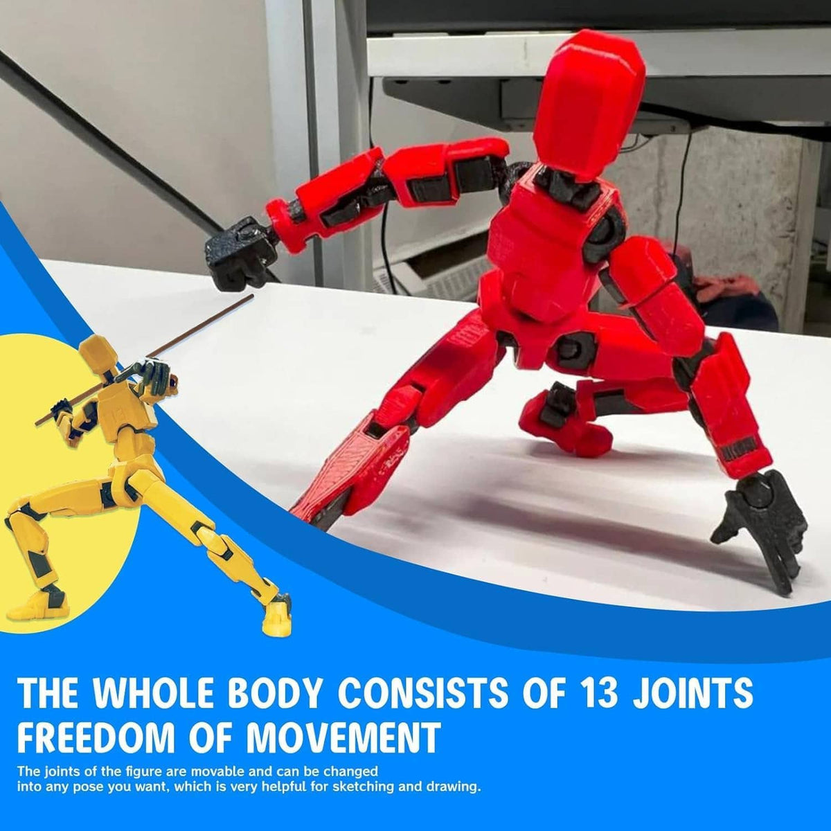 Red articulated robot action figure with jointed limbs and accessories; yellow figure