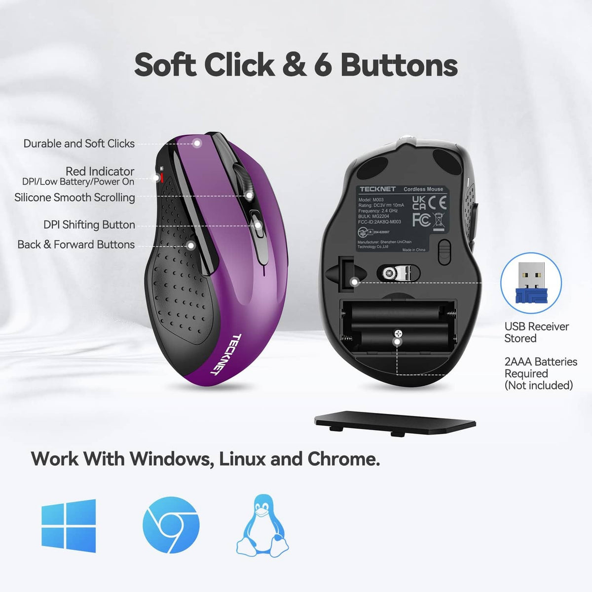 Purple and black ergonomic optical wireless mouse showing buttons and underside