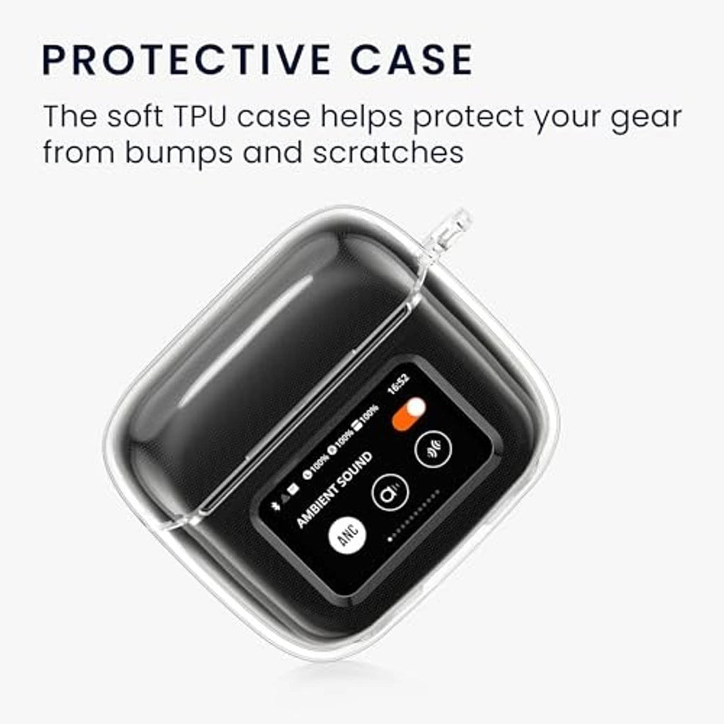 Clear TPU case over dark earbud housing, protective shell with lanyard loop.