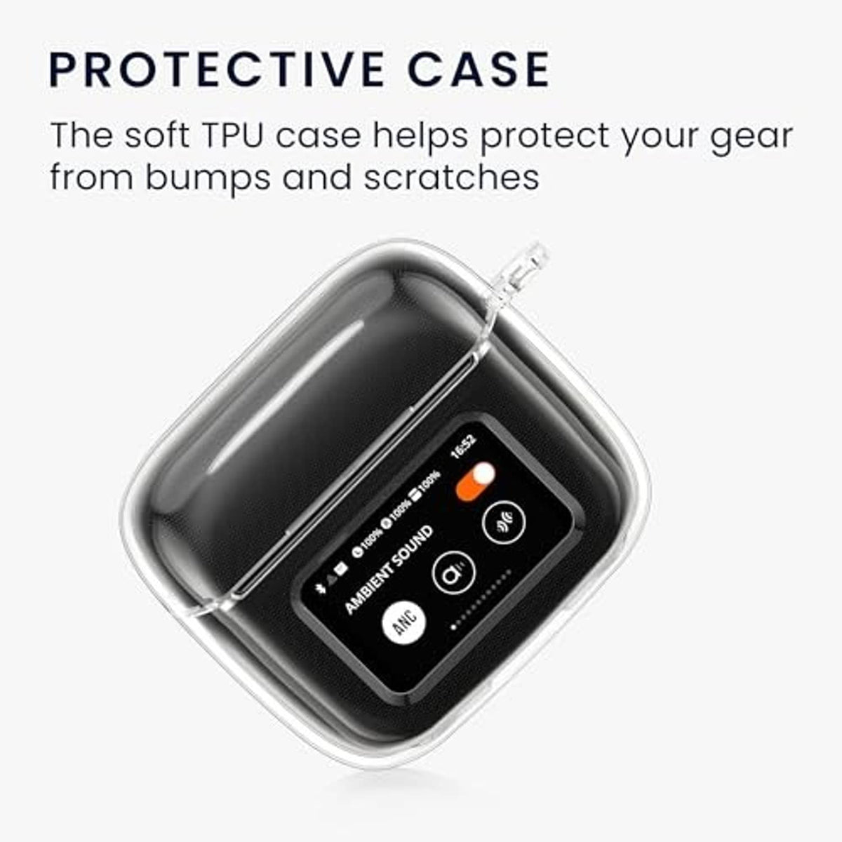 Clear TPU case over dark earbud housing, protective shell with lanyard loop.