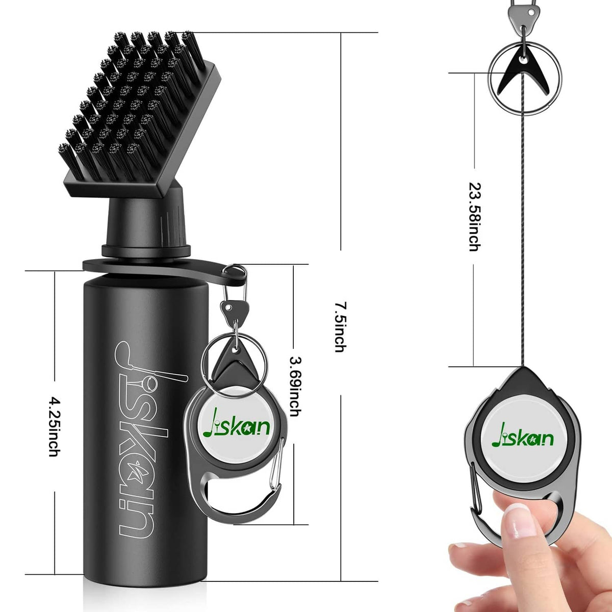 Black golf club groove cleaning brush with detachable head and keychain ring