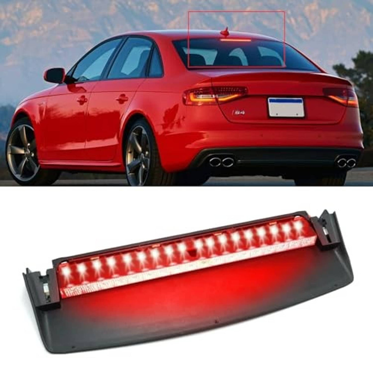 Center brake light assembly featuring red LED light strip in black housing