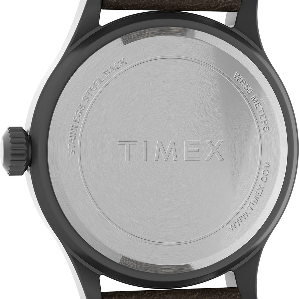 Close-up of stainless-steel caseback marked Timex and WR50M