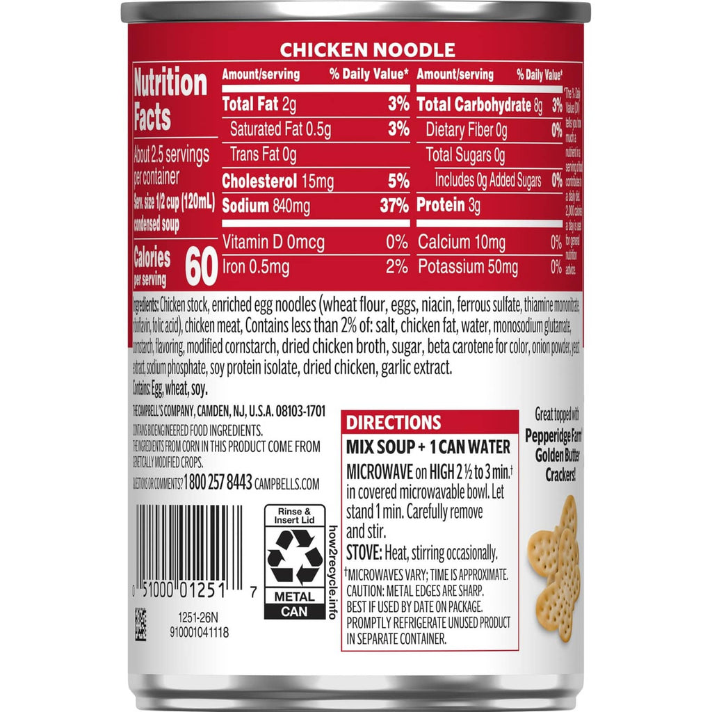 Chicken noodle soup can back label with Nutrition Facts and directions