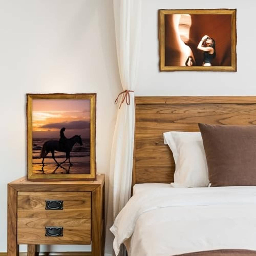Small rustic wood photo frame with clear glass displaying a horse picture