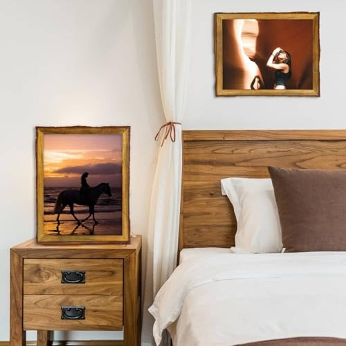 Small rustic wood photo frame with clear glass displaying a horse picture