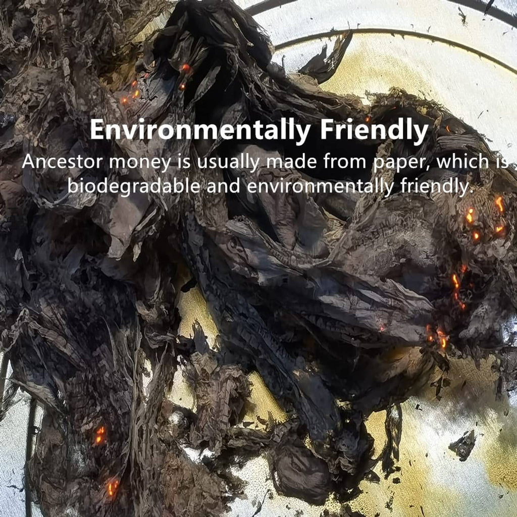 Burning joss paper money with orange embers in a flame pile