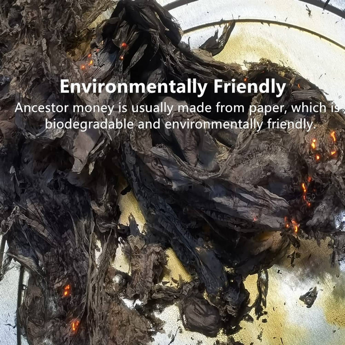 Burning joss paper money with orange embers in a flame pile