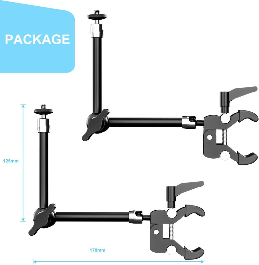 Two black clamp mounts with articulated arms and super clamp base