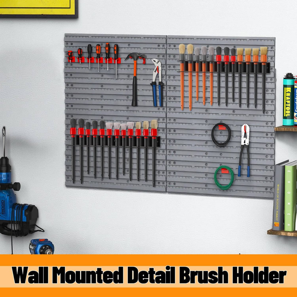 Wall-mounted detail brush holder with brushes hanging on a pegboard rail