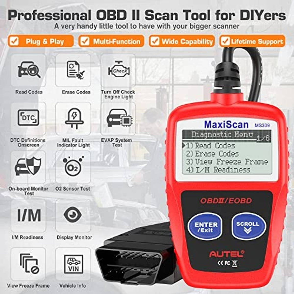 Red OBD II scan tool with LCD screen, Enter/Exit and Scroll buttons, front view