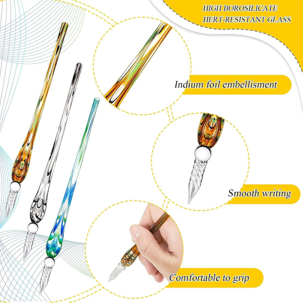 3 glass dip pens with swirled barrels, ornate silver nibs, and rounded comfort grip ends