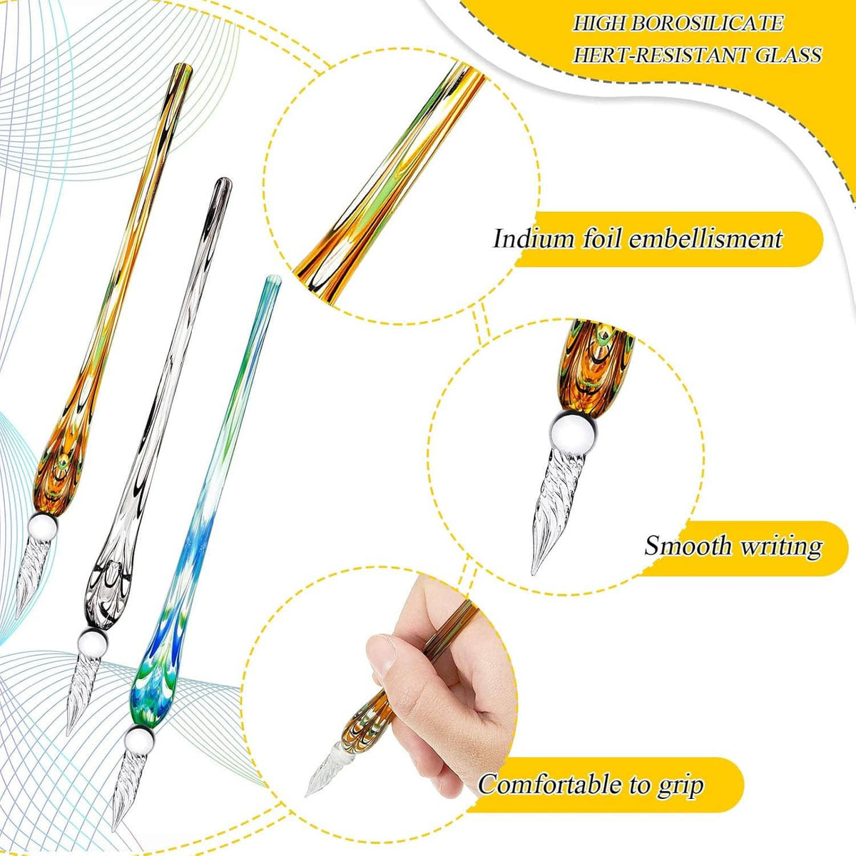 3 glass dip pens with swirled barrels, ornate silver nibs, and rounded comfort grip ends