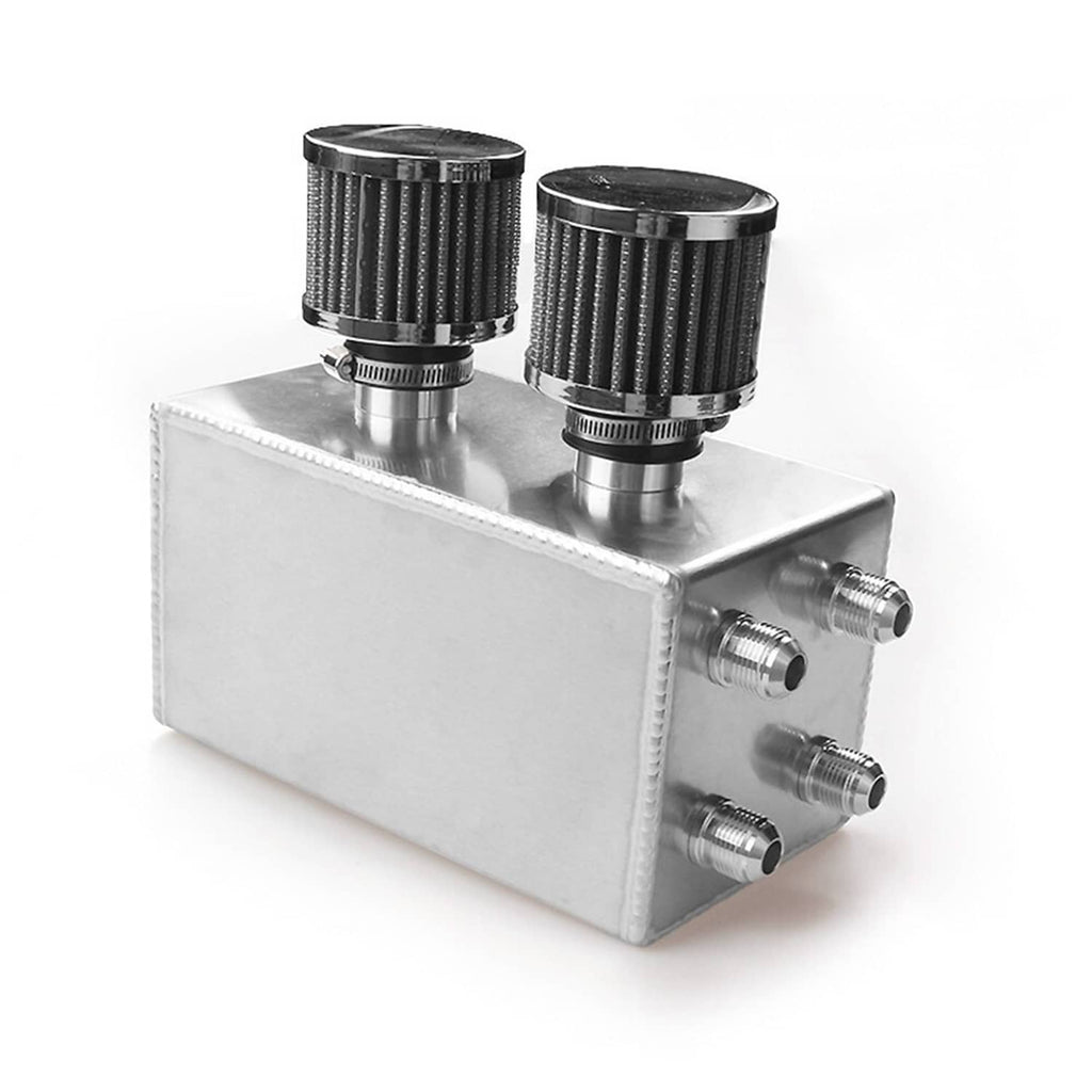 Oil catch can with two black filter-style fittings and four side ports