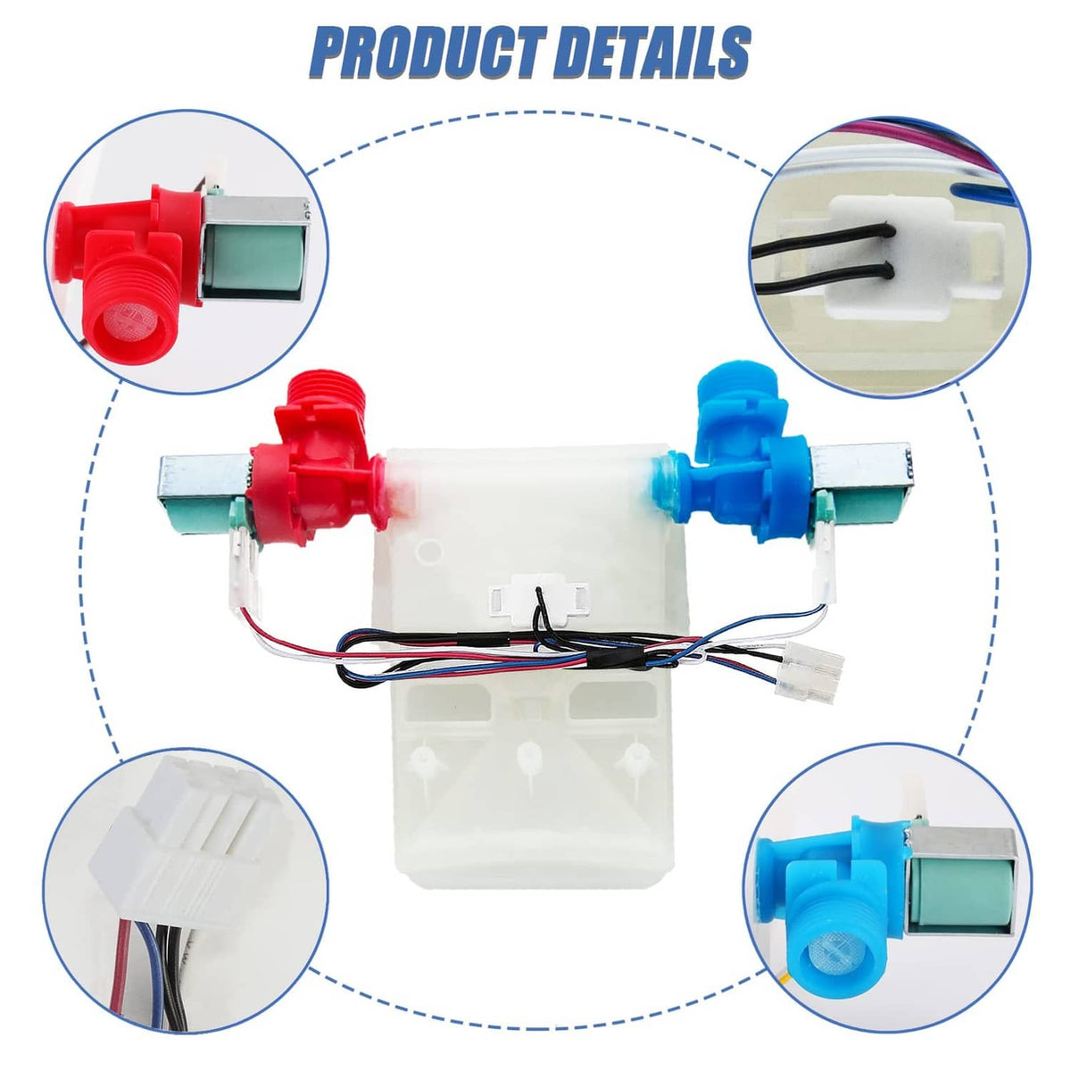 Washer water inlet valve with red and blue parts, white housing, and electrical connectors