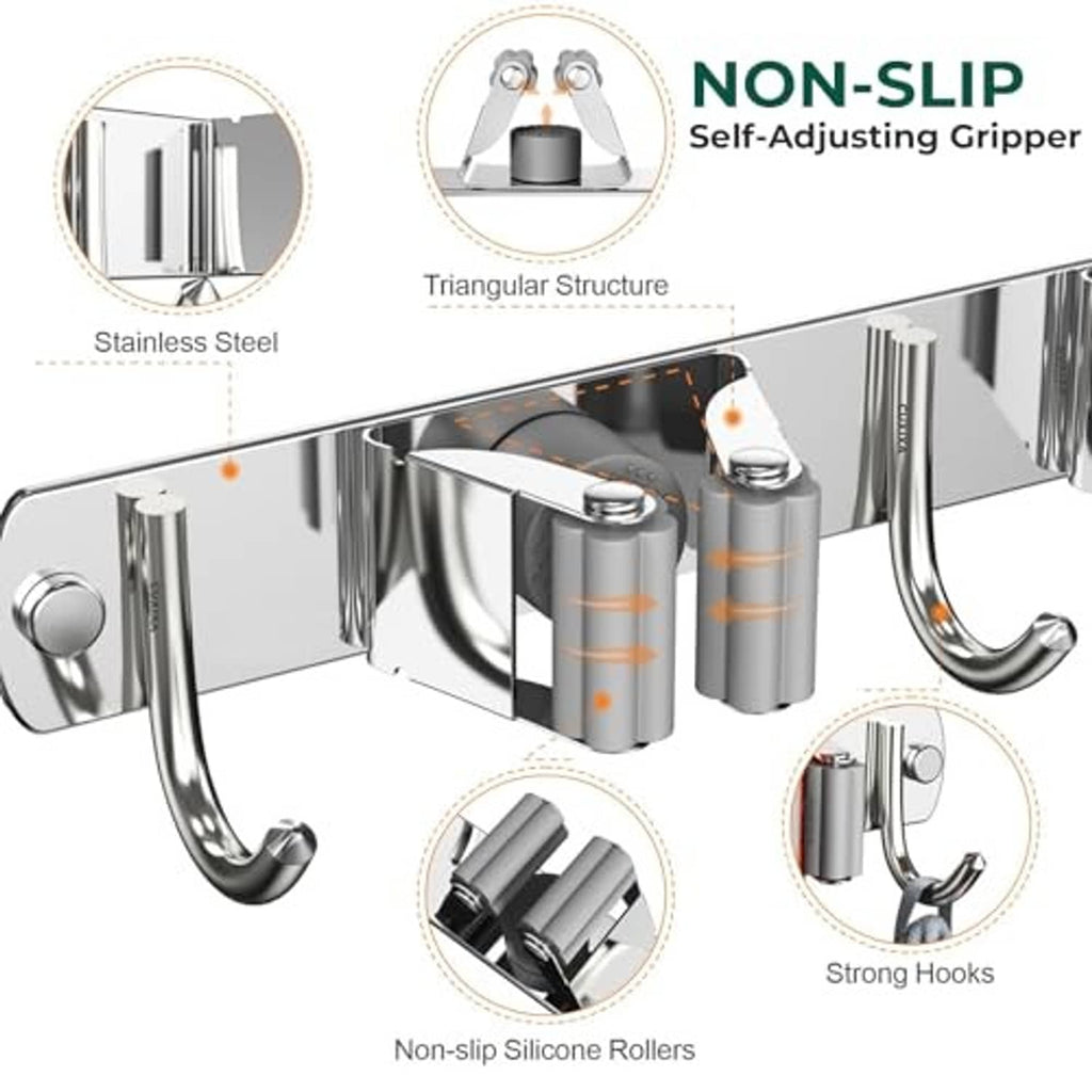 Chrome wall-mount broom holder with gripped roller track and curved hooks