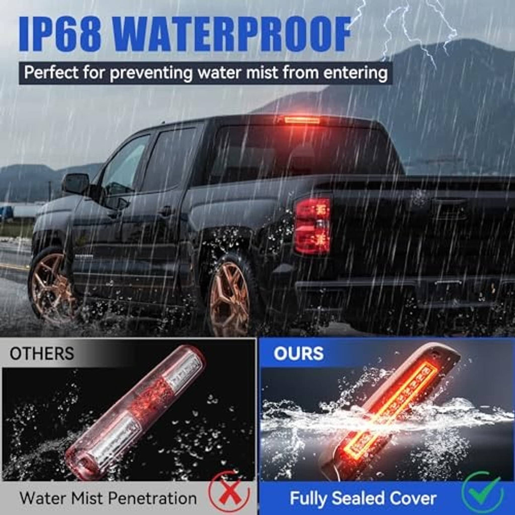 Waterproof LED third brake light glowing red in rainy conditions