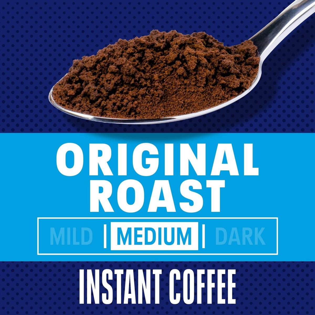 Spoonful of dark instant coffee grounds with original roast label
