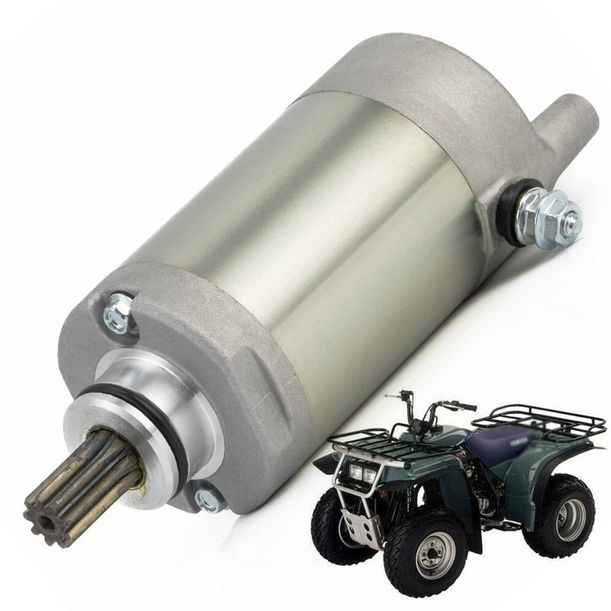 Starter motor assembly with cylindrical aluminum body, mounting ears, and output shaft