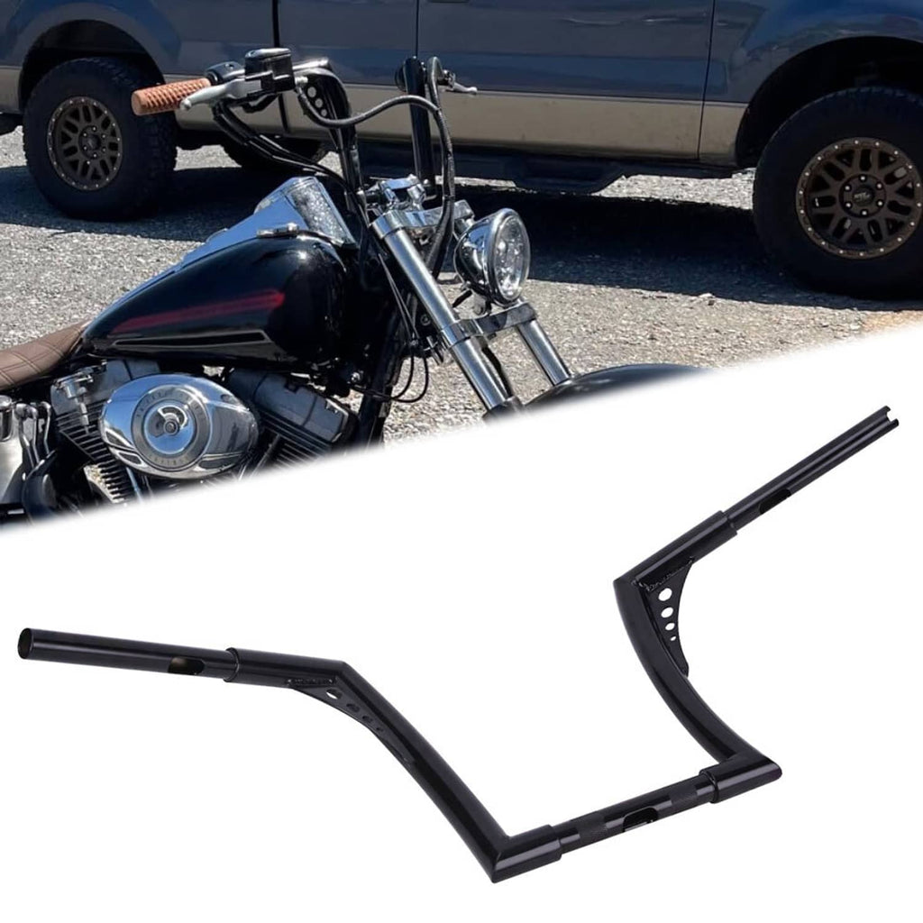 Black motorcycle handlebar risers with curved 12-inch rise, mounting bracket holes