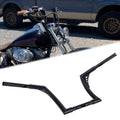 Black motorcycle handlebar risers with curved 12-inch rise, mounting bracket holes