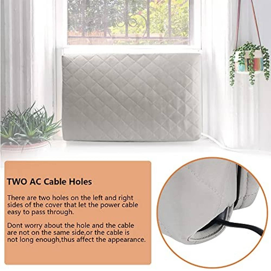 Light gray quilted air conditioner cover with two side cable openings