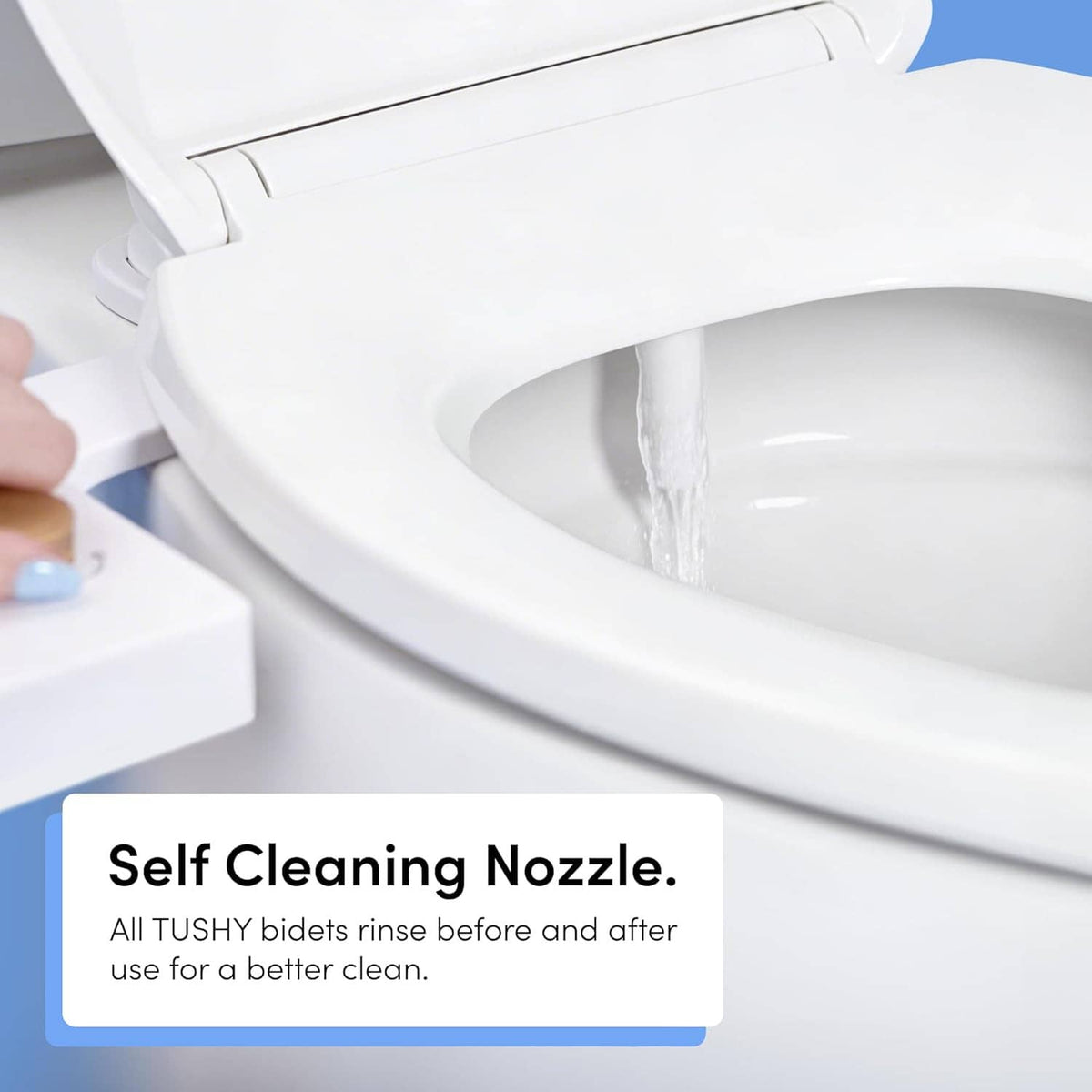 Self-cleaning bidet nozzle with water flowing from white non-electric attachment