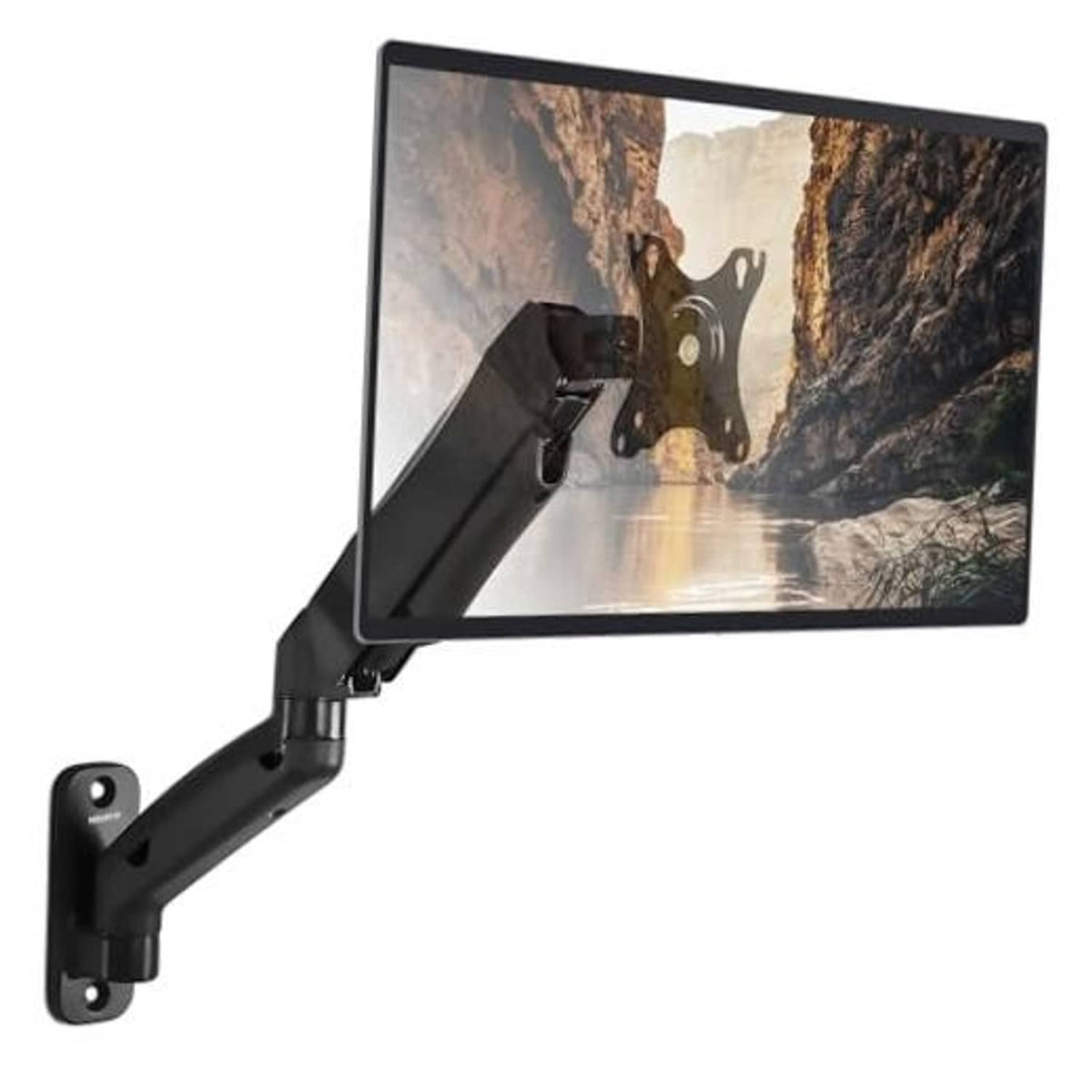 Full-motion black monitor wall mount arm with wall plate and pivot joint