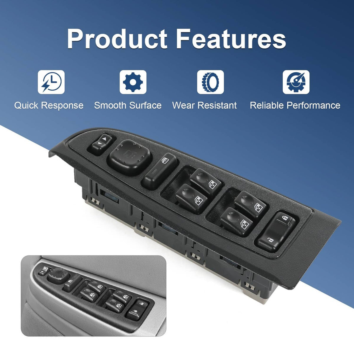 Black power window switch panel with rocker and window control buttons