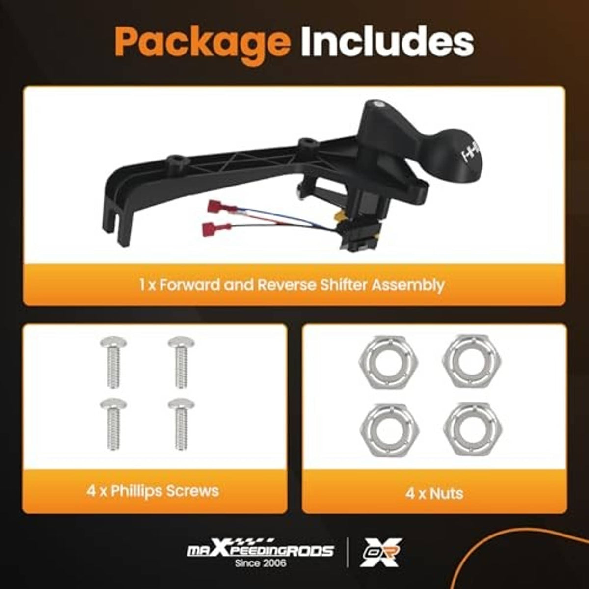 Shifter assembly kit contents: black forward/reverse unit plus screws and nuts