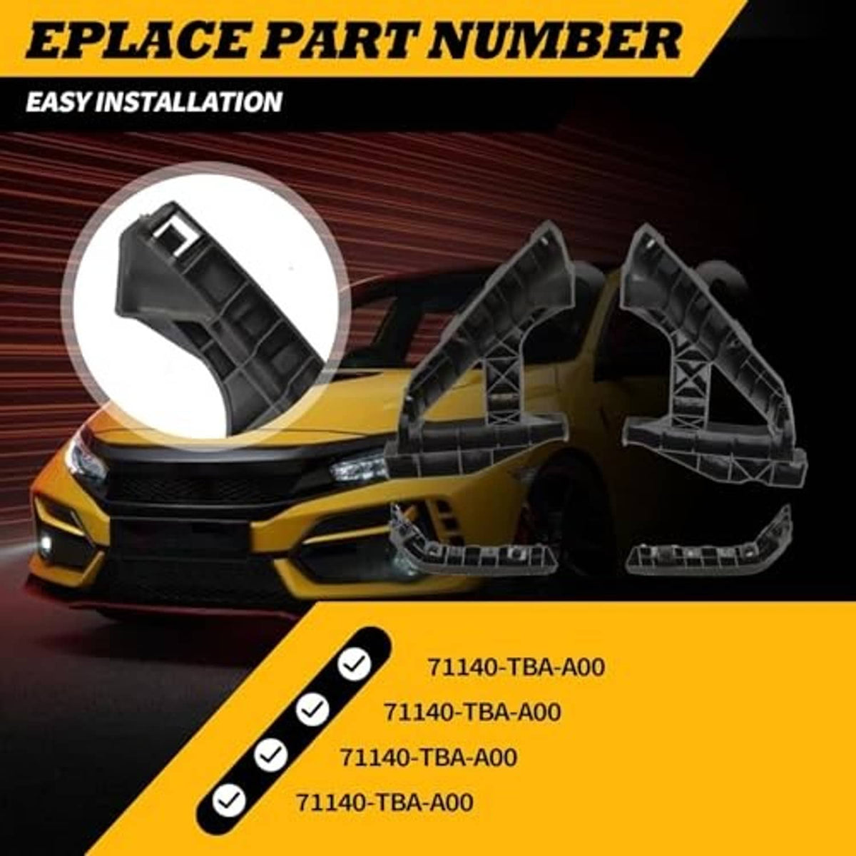 Black front headlight bracket retainer, curved bumper mount with clip end