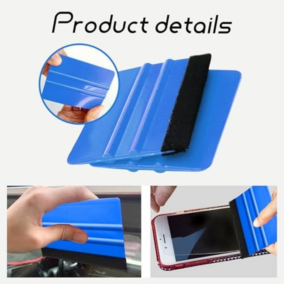 Pack of blue felt edge squeegees with black scraper strips, shown in use on surfaces