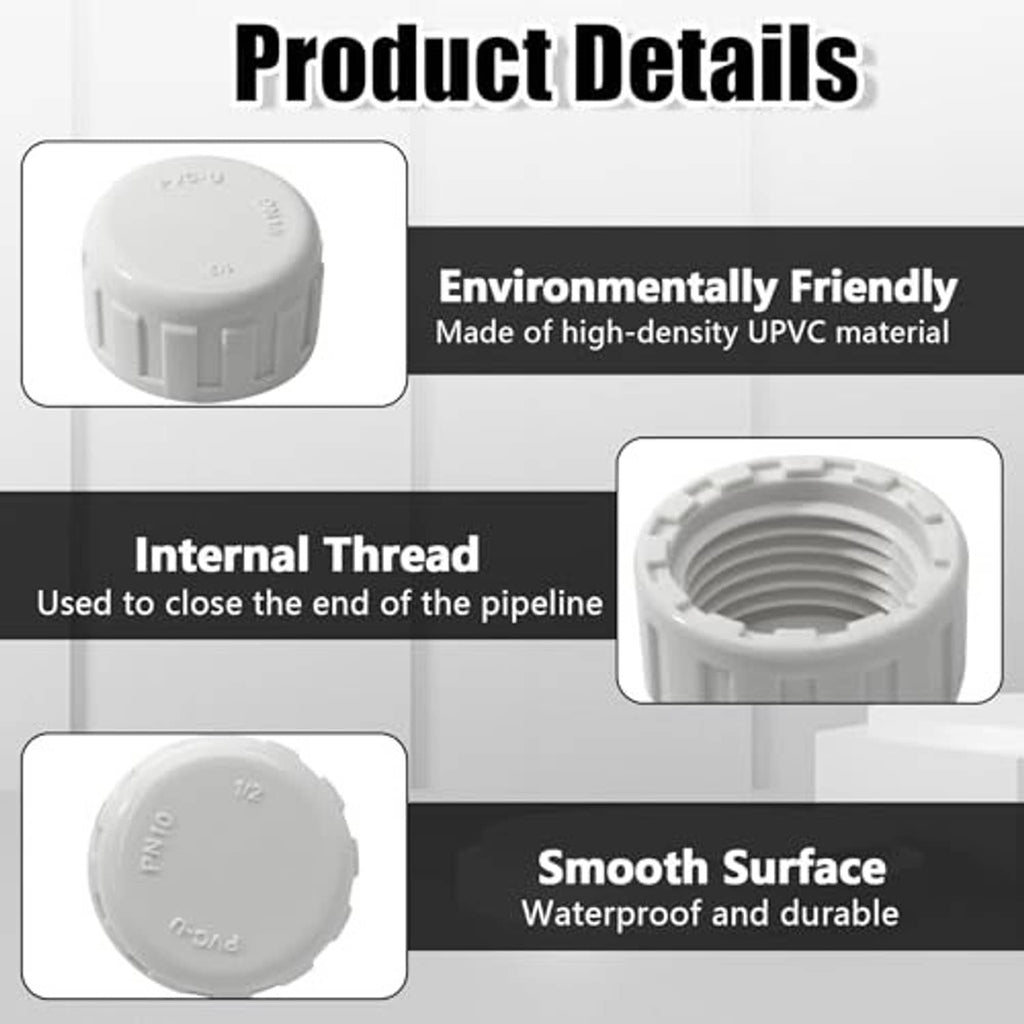 White PVC pipe end cap fitting with internal threaded opening and ridged outer grip