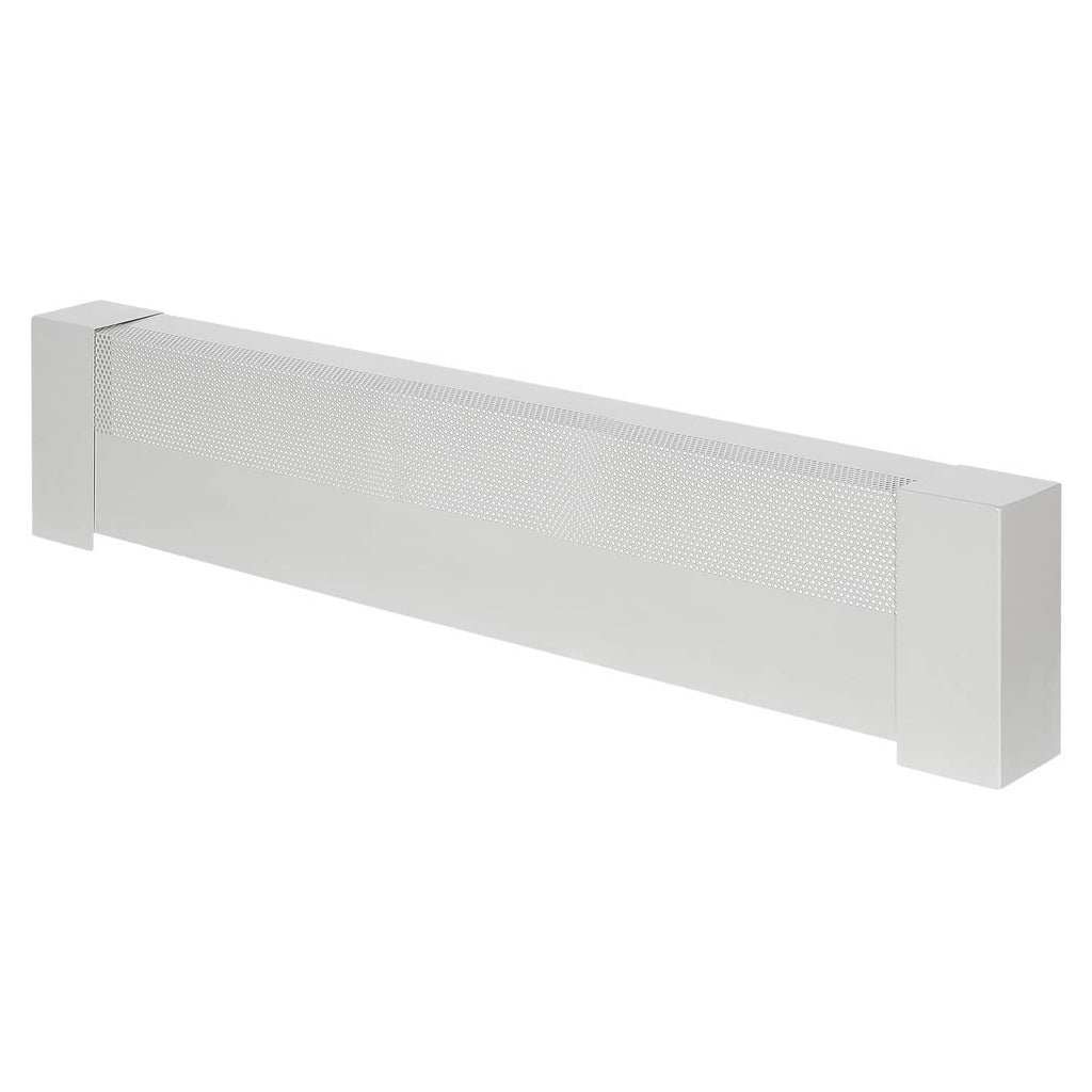 White baseboard heater cover with central perforated grille and end side panels