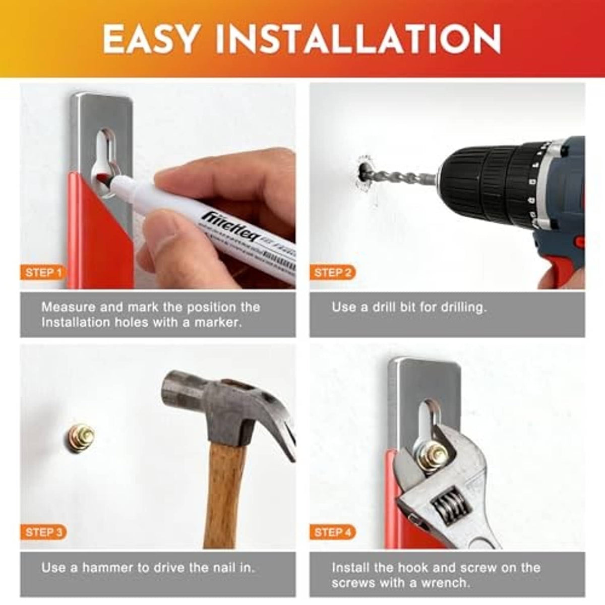 Wall mount hook installation: red hook with silver plate and included screws for mounting