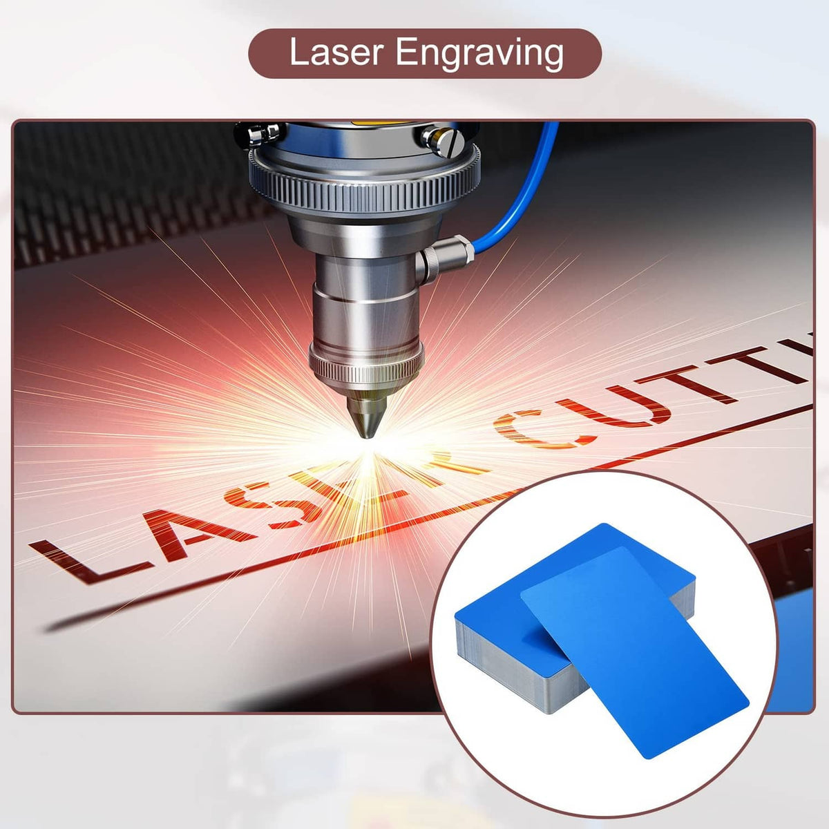 Blue metal business card being laser engraved on a work surface.