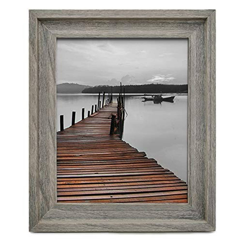 Distressed gray wooden picture frame with clear plexiglass front, front view
