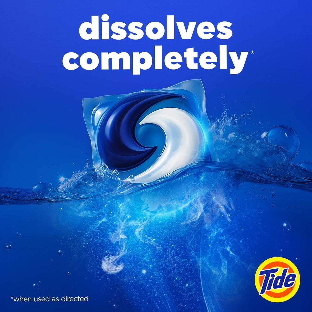 Blue detergent pod dissolving in water splash, Tide logo