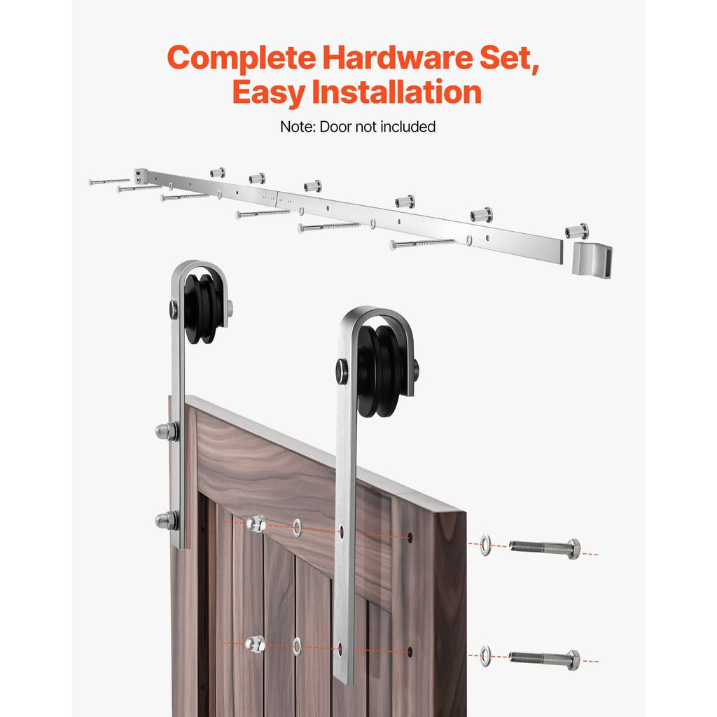 Sliding barn door hardware set shown with track rail, rollers, and installation parts