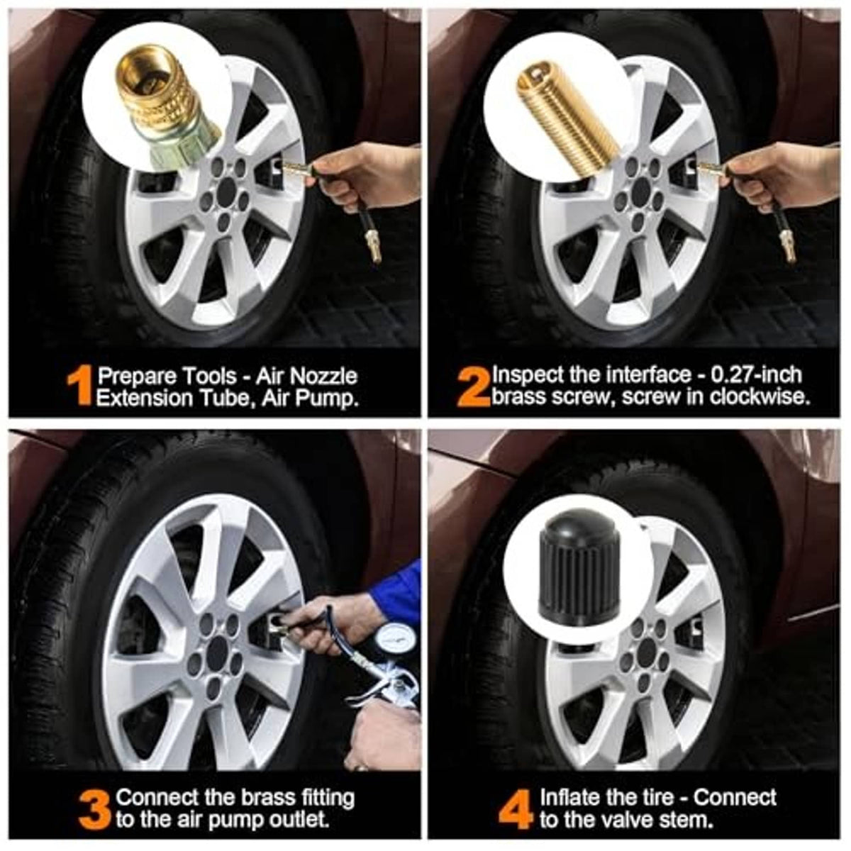 Tire valve extender installed on a wheel: black hose with brass air nozzle fitting