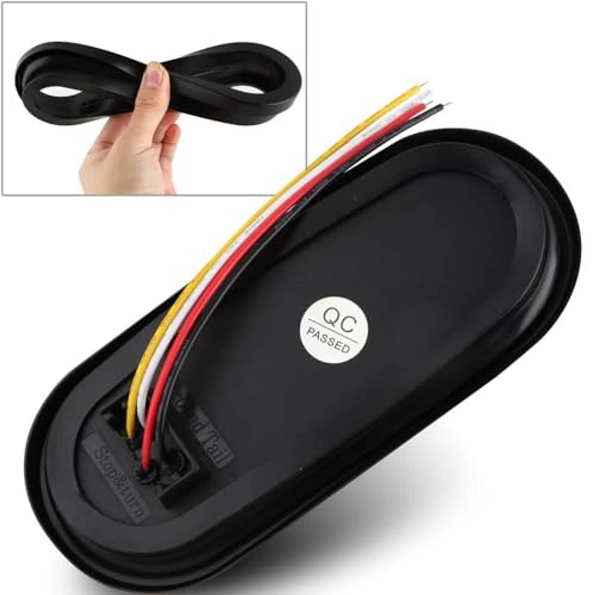 Oval LED tail light with black housing and red lens, with wire leads visible