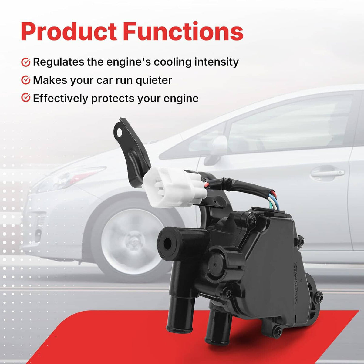 Black heater coolant control valve with white connector and attached hose outlet ports