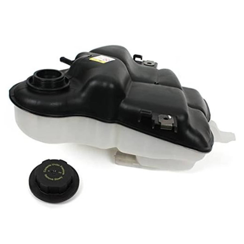 Black engine coolant reservoir tank with threaded cap and mounting tabs